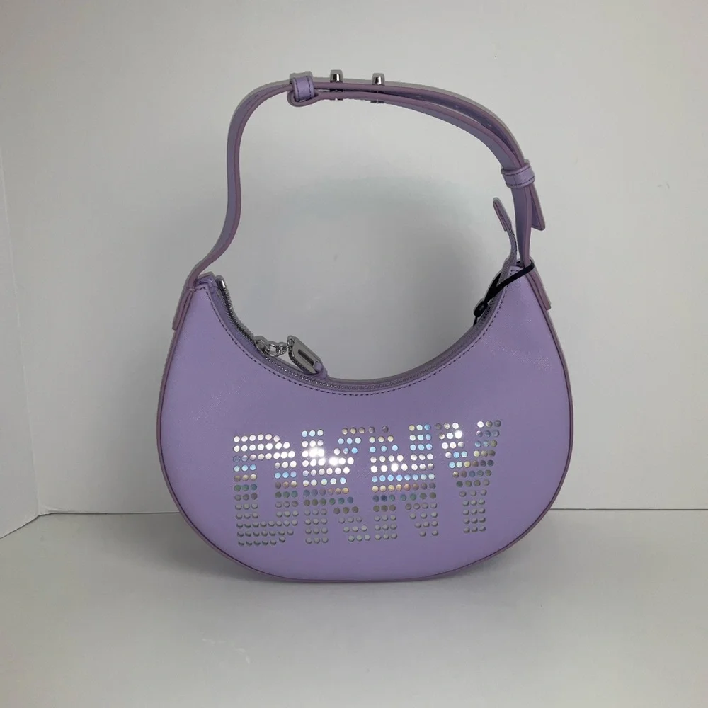 DKNY Essex Saffiano 100% Cow Leather Shoulder Bag in a purple colorway